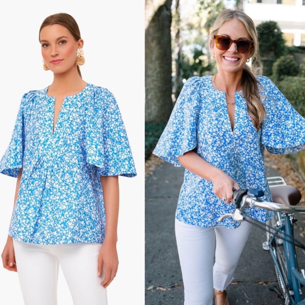 Tuckernuck Blue and White Floral Flutter-Sleeve Top